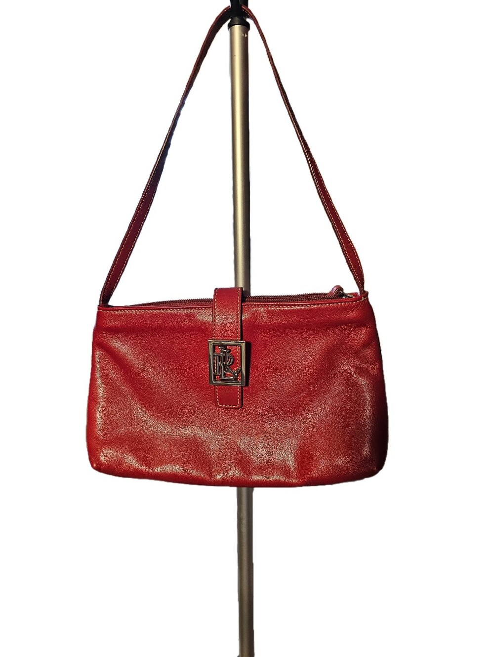 Lauren Ralph Lauren red leather shoulder bag featuring a prominent silver-tone